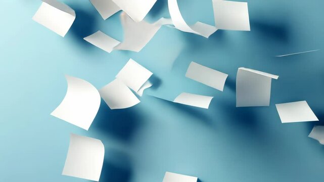 Flying papers in motion against blue background showing dynamic chaos and elegance