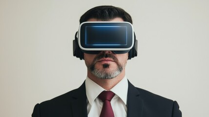 Law transformation concept. Businessman wearing virtual reality headset in a professional setting