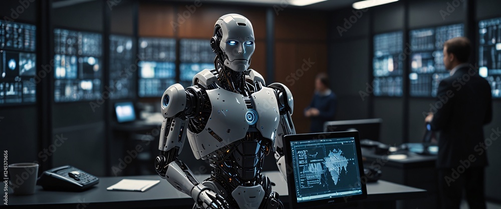 Poster humanoid robot in control room: a futuristic scene of a sleek humanoid robot standing in a high-tech