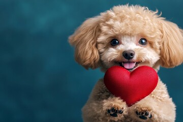 Poodle - my cherished dog. Cute poodle canine with diamond red heart - emblem of love, funny greeting card. Digital ads graphic drawing. Love and friendship. Dog couple photos. Heart and dog.