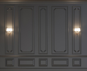 Luxury black wall panel moulding with sconce 3d render © Ike