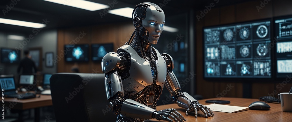 Aufkleber humanoid robot in control room: a highly realistic humanoid robot sits at a desk in a modern control