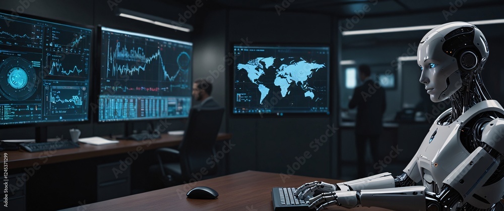 Poster ai overlord: a chilling futuristic vision of a humanoid robot overlooking a high-tech command center