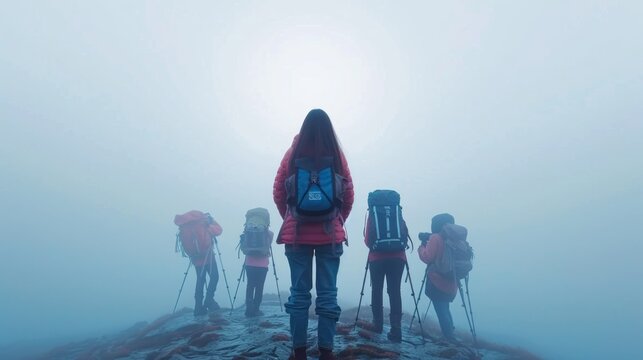 Into the Mist:  A group of adventurous hikers silhouetted against a dense fog, their backs turned towards the viewer, conveying a sense of mystery and anticipation.