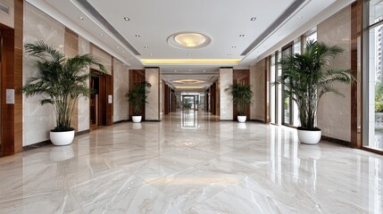 Luxurious hotel corridor with marble floor, plants, and city view
