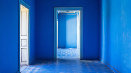 Futuristic blue light streaks create an immersive atmosphere in a geometric space, Serene blue room, sunlit curtains, yoga mat.