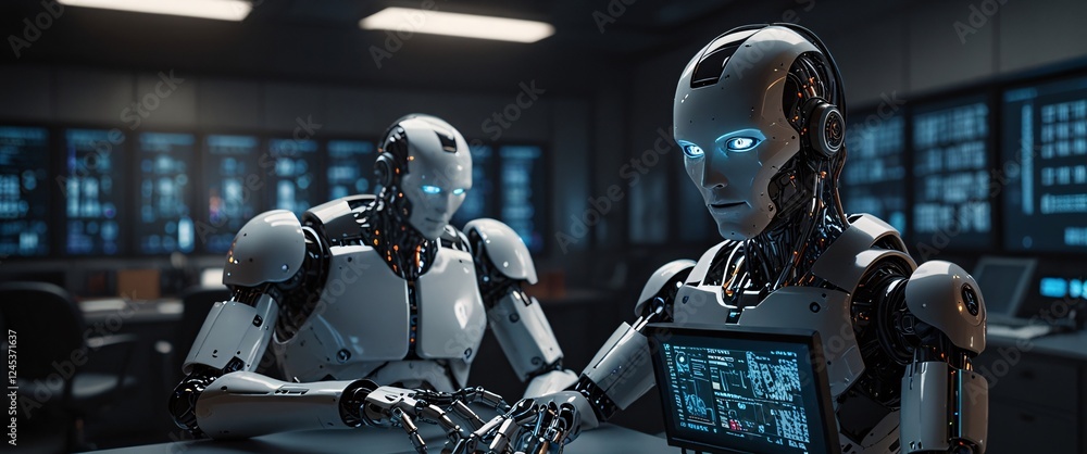 Poster artificial intelligence: two advanced humanoid robots engage in a complex task, their blue eyes glow