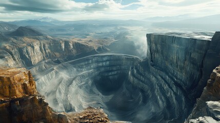 Majestic view of a vast open pit mine surrounded by rugged mountains and dramatic clouds