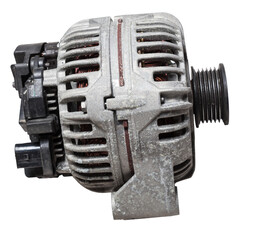 Car generator, car electrical network element on white background, generator details close-up. Spare auto parts for repair.