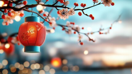 Glowing red paper lanterns hanging amid blooming tree branches at a lively Chinese New Year market or festival Festive traditional and atmospheric scene of the seasonal
