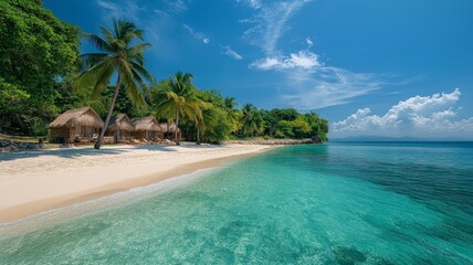 Fototapeta premium beautiful beach, clear blue water and white sand, tropical trees on both sides of the island