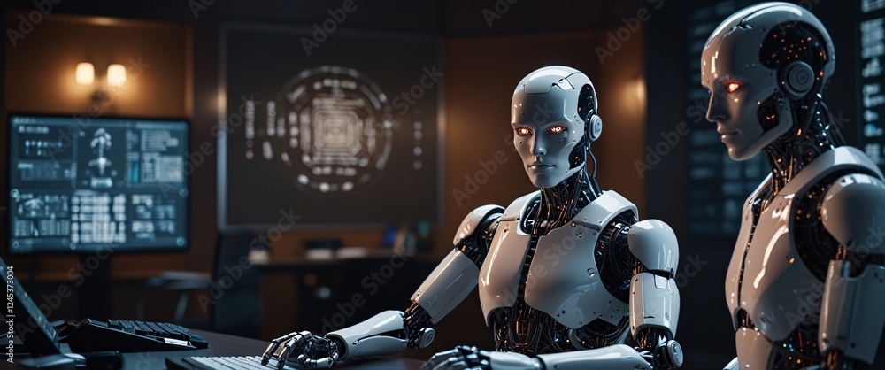 Poster cybernetic collaboration: two advanced humanoid robots collaborate on a complex task, their movement