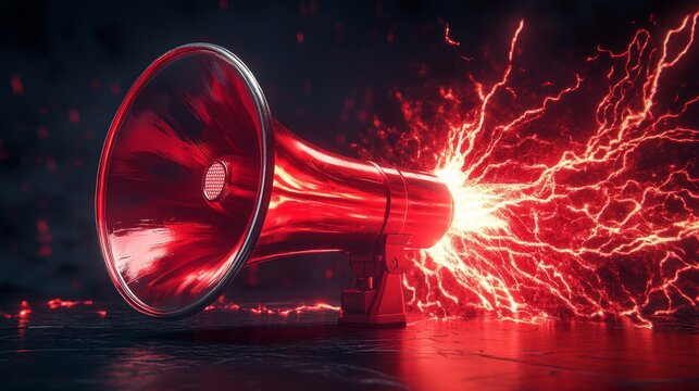 12.An eye-catching 3D megaphone design in red and silver tones, producing vivid electric lightning effects, creating a sense of urgency and powerful communication.