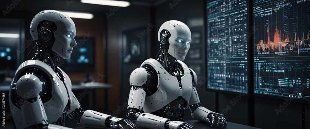 Poster ai collaboration: two advanced humanoid robots engage in a sophisticated data analysis, showcasing t