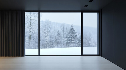 Cozy chair by the window overlooking a serene winter landscape with snow-covered trees and river, New Year corporate retreat scene with relaxation and fun