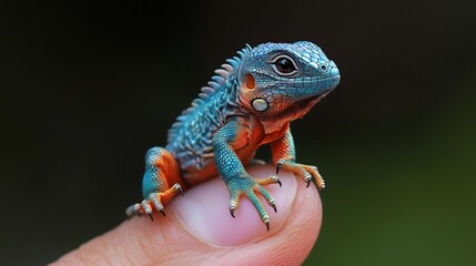 Fototapeta premium Vibrant Baby Iguana on a Finger: A Close-Up Portrait