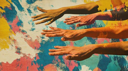 22.An artistic 3D collage showcasing floating arms with vintage-style shading, their extended fingers directing attention against a bold abstract painting backdrop.