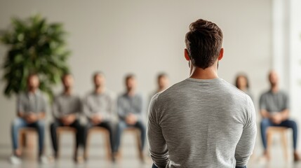 Fototapeta premium A group meeting scene with one participant listening intently. Focus on the individual from behind, showcasing engagement and group dynamics.