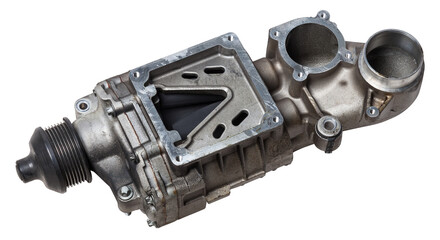 Turbo charger installed for power booster torque drive on white isolated background. Auto service...