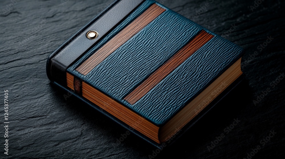 Poster elegant notebook on stone surface: a meticulously crafted notebook, blending the rustic warmth of wo