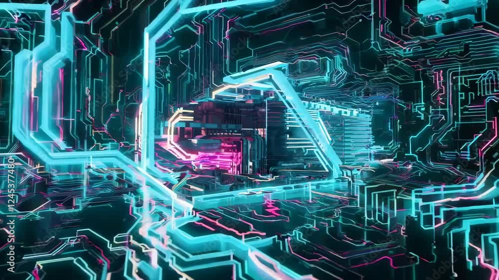 Poster Computer technology abstraction with connected hardware or data servers in neon lights of wires