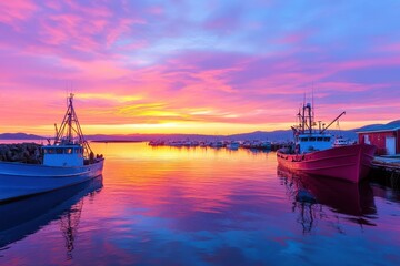 Bustling Harbor at Dawn with Vibrant Colors and Soft Light
