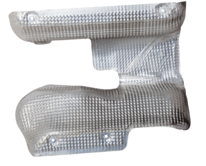 Heat shield made of aluminum to protect vehicle body parts from hot exhaust. Car spare parts catalog. Thermal insulation.