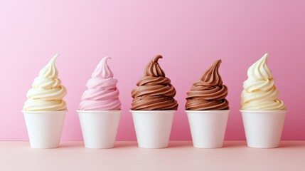 Delicious Soft Serve Ice Cream Cones Varied Flavors Against Pink Background