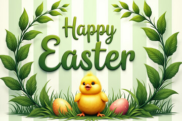 A cheerful Easter greeting with Happy Easter in green letters, surrounded by lush leaves and a cute yellow chick nestled among colorful eggs on a striped background, celebrating the Easter holiday.