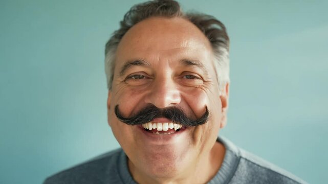 Close-up of a man with a missing tooth and a handlebar mustache expressing cheerful optimism, natural window light, static video, simple light blue wall