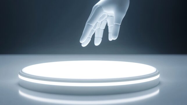 51.A futuristic glowing blank button in white, with a hovering 3D cursor hand about to click, emitting faint light effects in a minimalist digital interface design.