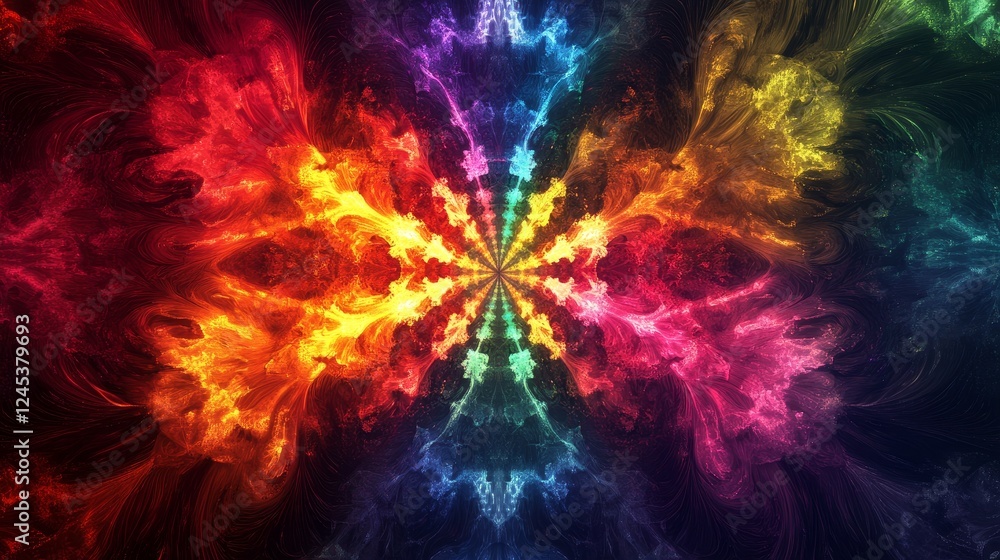 Poster vibrant fractal explosion with multicolored symmetrical patterns