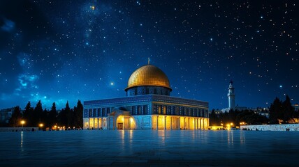 Obraz premium Night sky background features Al Aqsa mosque at dusk