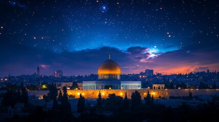 Night sky background features Al Aqsa mosque at dusk