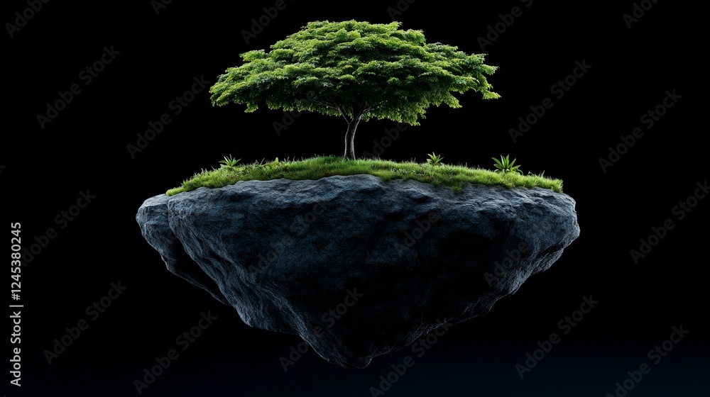 Poster floating island with tree: a captivating image featuring a lush green tree flourishing atop a floati