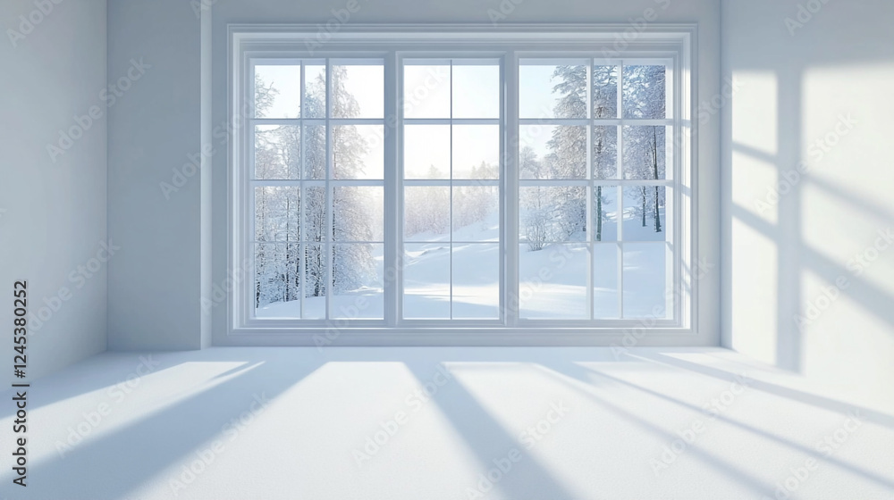 Wall mural Empty room with window, Scandinavian-Style Room with Sofa and Winter Scenery