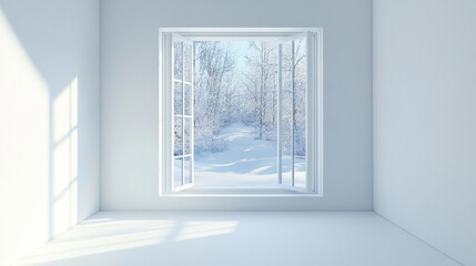 Bright and minimalistic interior with a winter view through a large window during daylight, Window filling an empty apartment room with natural lighting. 