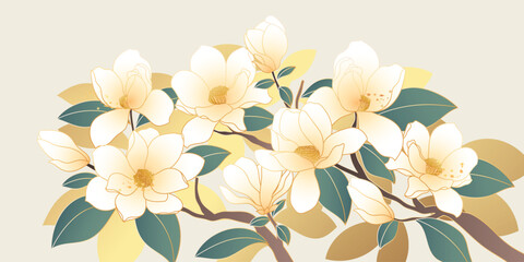 Luxury gold summer and spring flower background vector. Natural botanical elegant with white magnolia  blossom, leaves branch. Design illustration for decoration, wall decor, wallpaper, cover, banner.