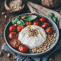 Generative AI, A gourmet burrata salad with truffle pesto, cherry tomatoes, and pine nuts, elegantly plated with fresh basil and olive oil drizzle