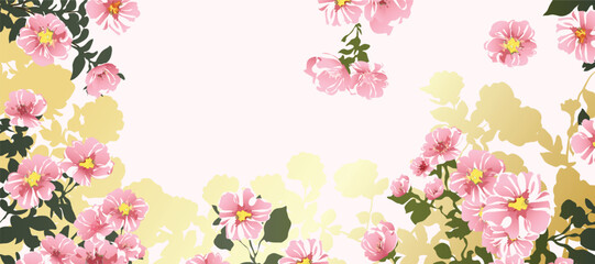 Luxury gold summer and spring flower background vector. Natural botanical elegant with cherry blossom, leaves branch. Design illustration for decoration, wall decor, wallpaper, cover, banner.