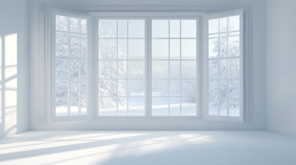 White metal-plastic window in modern apartment. with copy space image. Place for adding text or design, White room, window with summer landscape, Scandinavian style, minimalist design, 