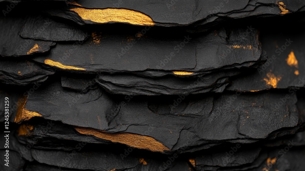 Poster abstract slate & gold: a captivating close-up of overlapping dark slate tiles, subtly accented with 