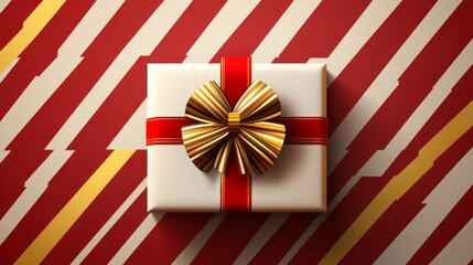 86.A beautifully detailed vector of a gift box with a shiny golden bow, striped wrapping paper in red and white, and a subtle shadow for a 3D effect.