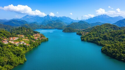 Fototapeta premium Peaceful riverside village nestled among lush mountains and forests featuring a serene lake or river with traditional architecture and hydropower infrastructure