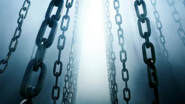 Dolly in/out video of a dense curtain of identical steel chains against a bright, fog-filled background, high contrast backlit