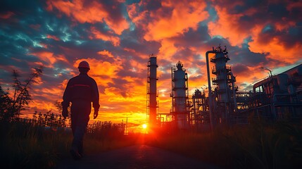 Fototapeta premium Worker walking refinery sunset industrial plant