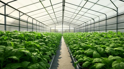 Achieving Net Zero for a Sustainable Future with Lasting Impact, Lush green plants thriving in a well-lit greenhouse, showcasing rows of healthy foliage.