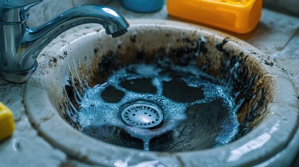 A mold-infested bathroom sink drain, with cleaning supplies ready to treat the problem.