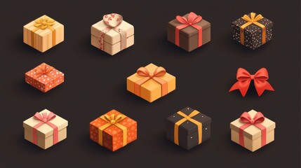 101.A detailed icon pack of gift boxes with creative elements like layered ribbons, textured wraps, and dynamic shadows, suitable for holiday or celebration themes.