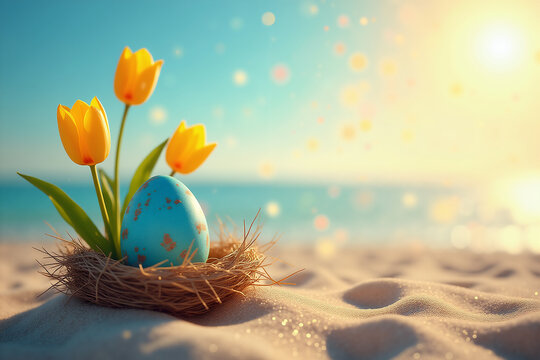 A vibrant Easter scene on a sandy beach, with a blue speckled egg nestled in a straw nest, accompanied by bright yellow tulips, and a sparkling ocean backdrop. - Powered by Adobe
